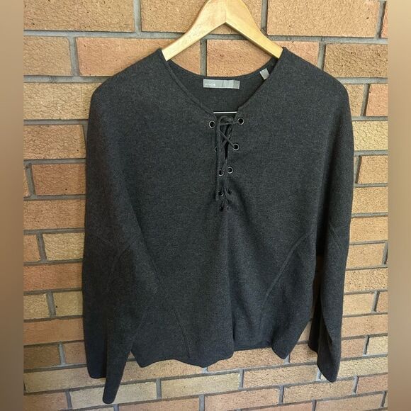 Vince Merino Wool Cashmere Blend Lace Up Sweater in Heather Graphite Gray Small - Picture 2 of 6
